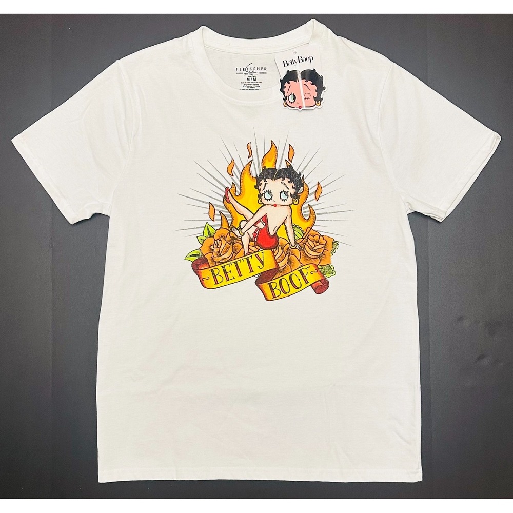 Fleischer Betty Boop Orange Roses & Flames Graphic Mens White Medium Shirt NWT